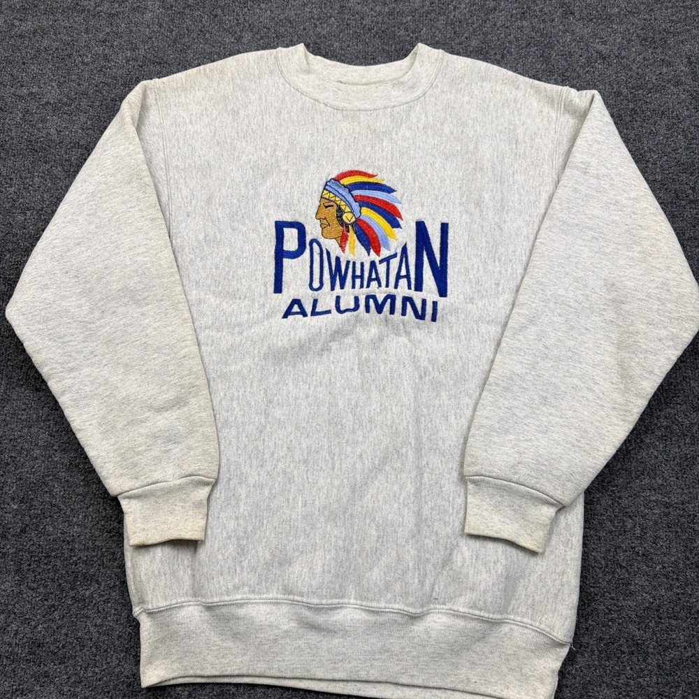VINTAGE‎ 90s Mens Medium Powhatan Alumni Gray Sweatshirt Made in USA Chief Logo